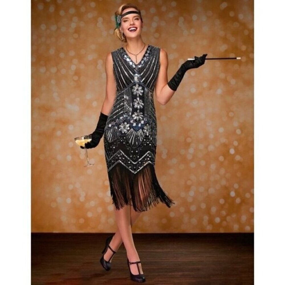 Spirit Halloween Flashy Flapper Black Beaded Flapper Dress Small 4-6/ Lg 12-14